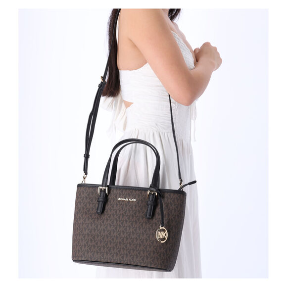 Michael Kors Jet Set Small XS Carryall Convertible Tote Crossbody Brown MK Black - Picture 2 of 12